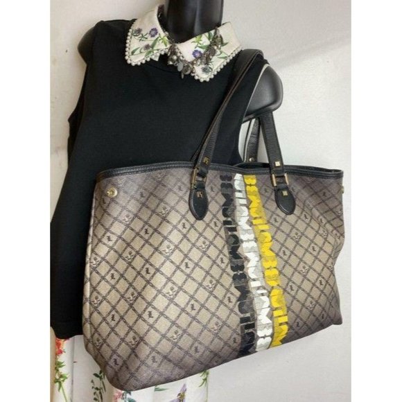 lamb shopping xl l black tan coated canvas tote - Picture 5 of 11